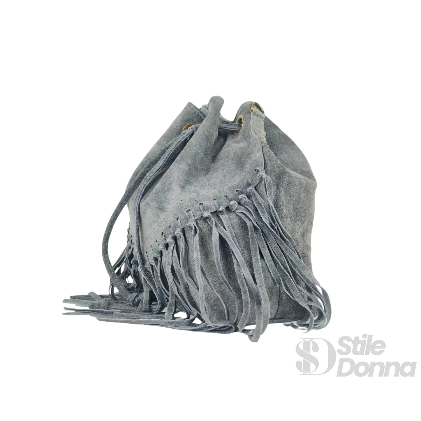 Borsa a Secchiello in Pelle Scamosciata con Frange e Tracolla Regolabile