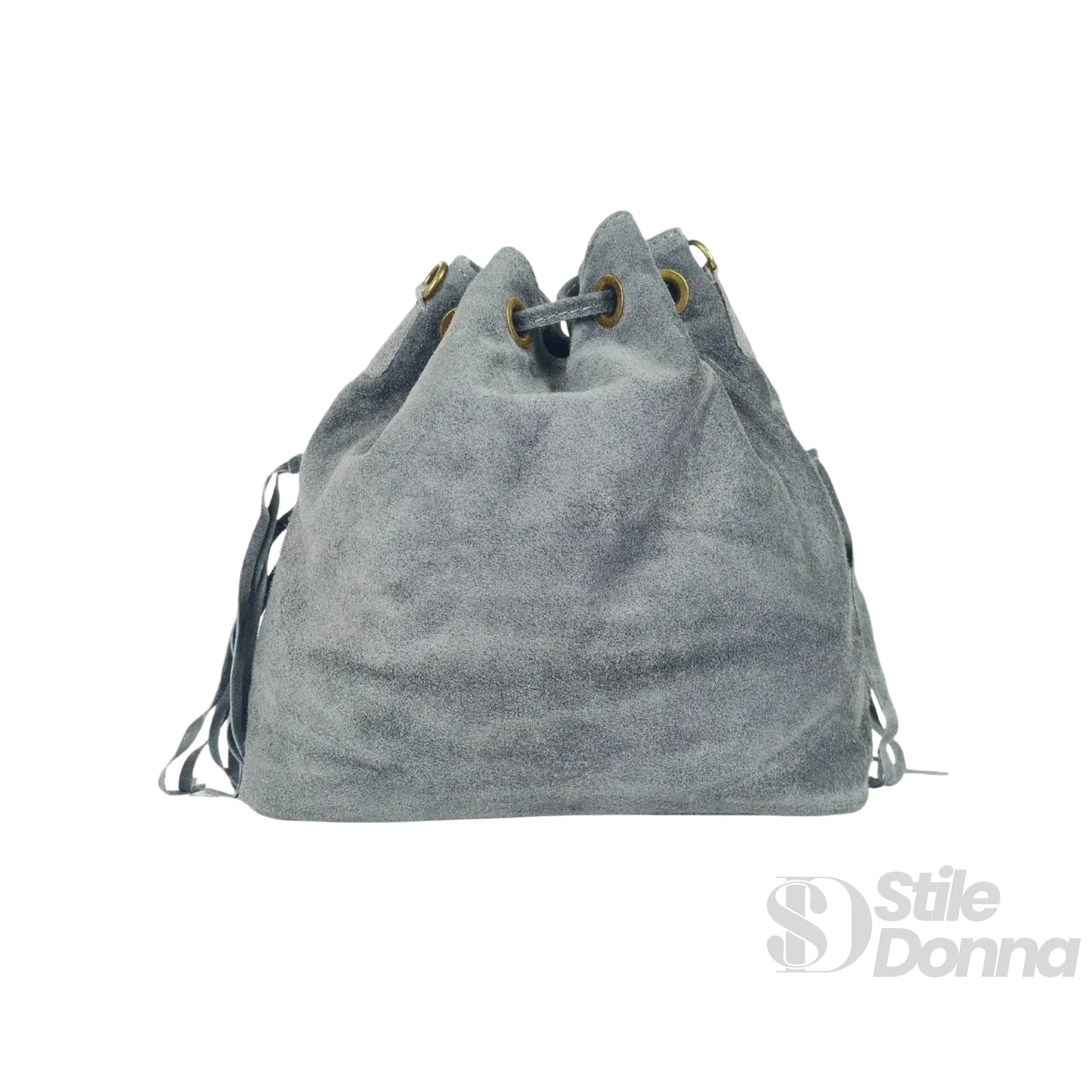 Borsa a Secchiello in Pelle Scamosciata con Frange e Tracolla Regolabile