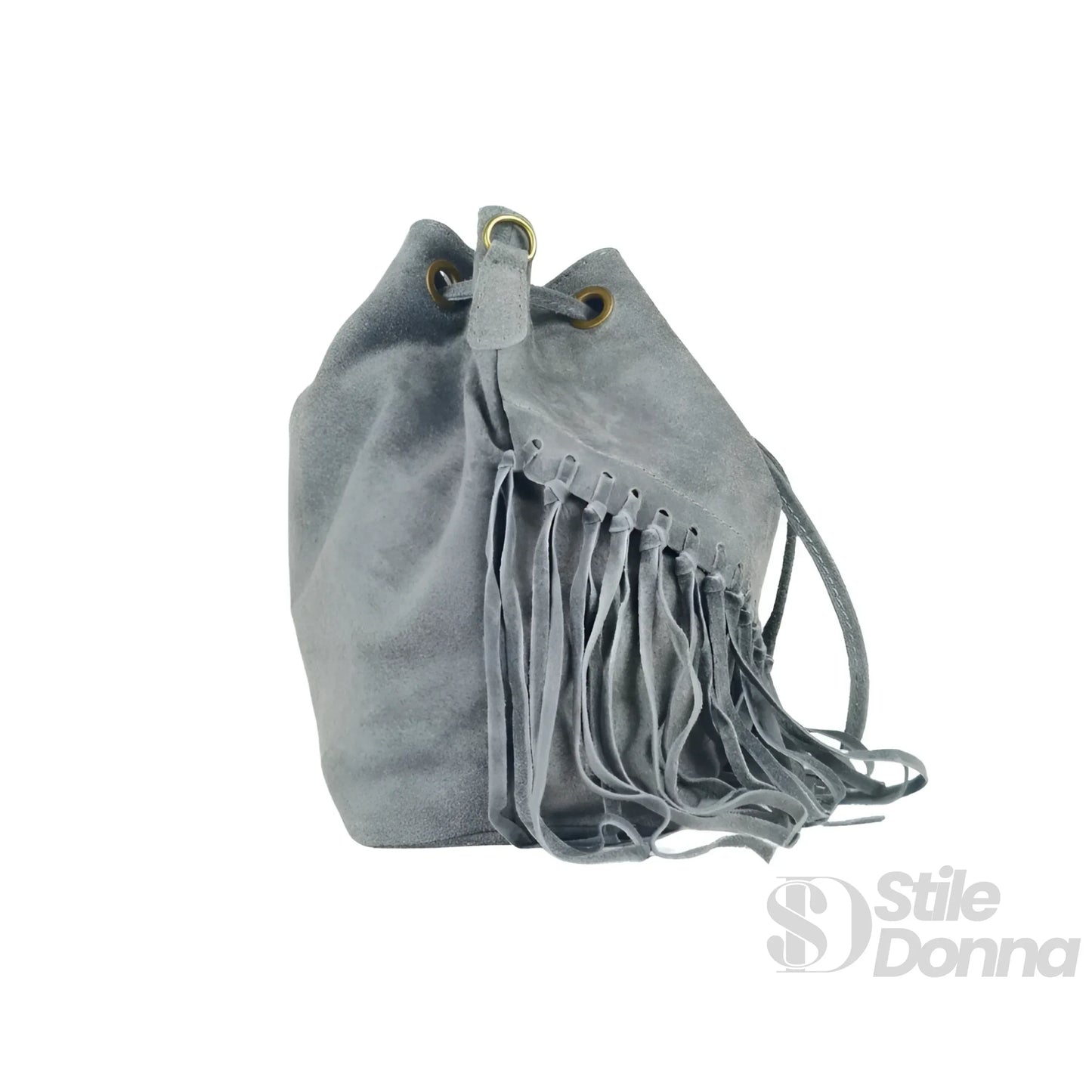 Borsa a Secchiello in Pelle Scamosciata con Frange e Tracolla Regolabile