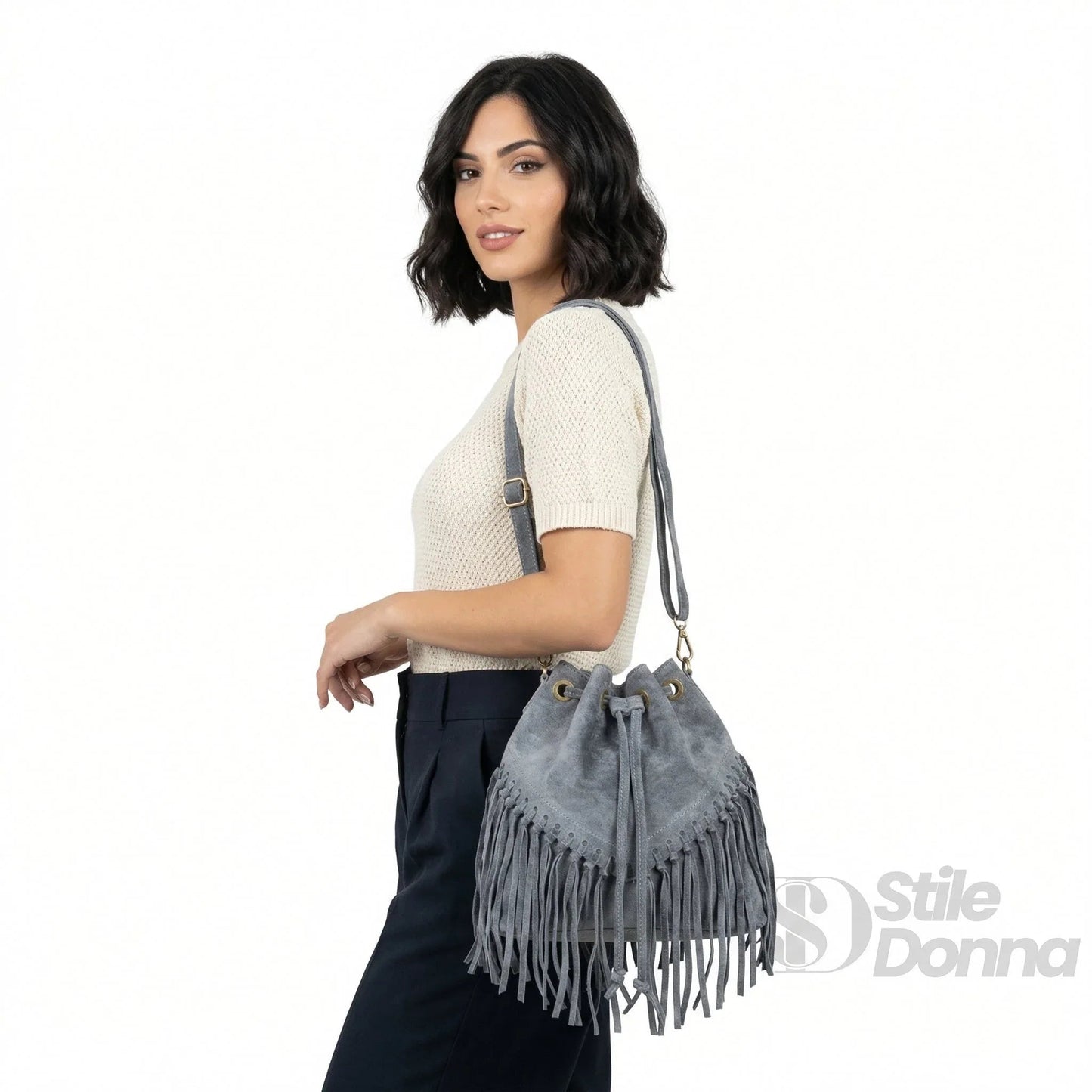 Borsa a Secchiello in Pelle Scamosciata con Frange e Tracolla Regolabile