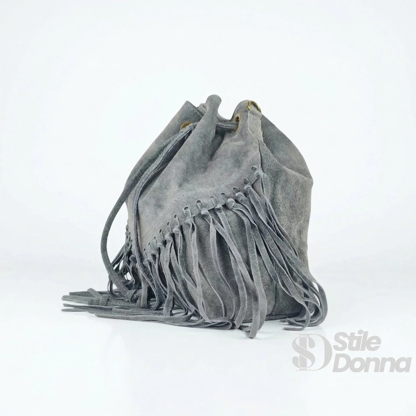 Borsa a Secchiello in Pelle Scamosciata con Frange e Tracolla Regolabile