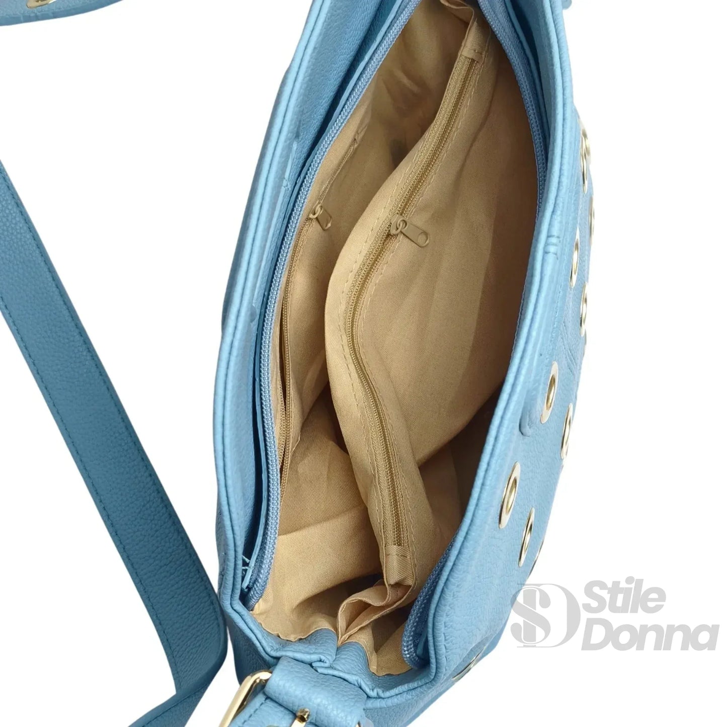 Borsa a Spalla con Occhielli Circolari Dorati in Ecopelle Resistente