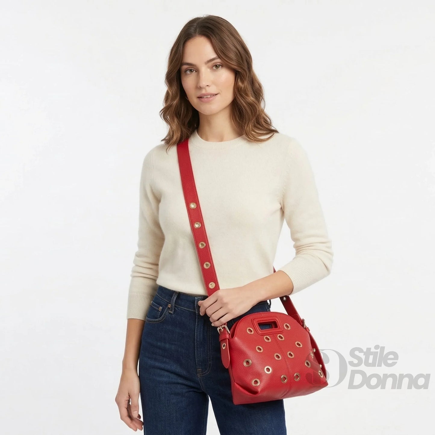 Borsa a Spalla con Occhielli Circolari Dorati in Ecopelle Resistente