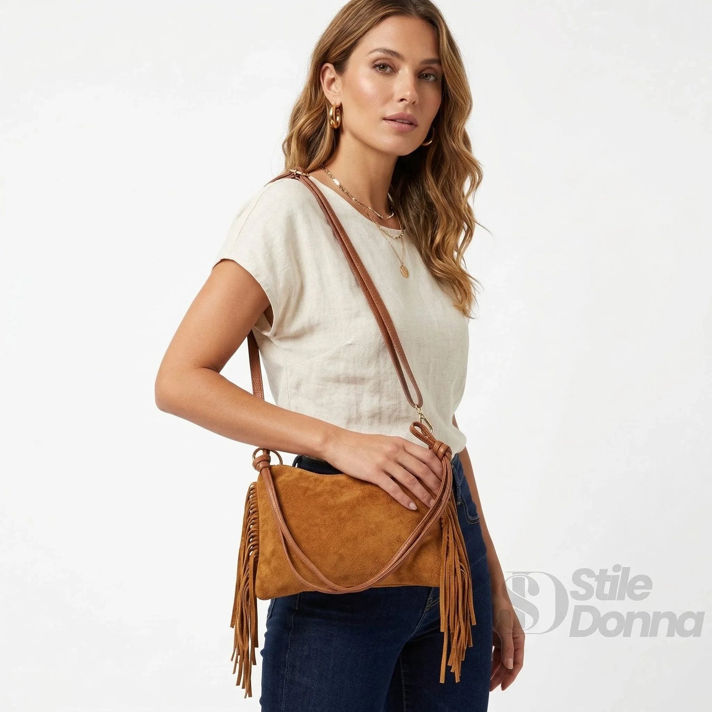 Borsa a Tracolla Camilla Boho in Pelle Scamosciata con Frange