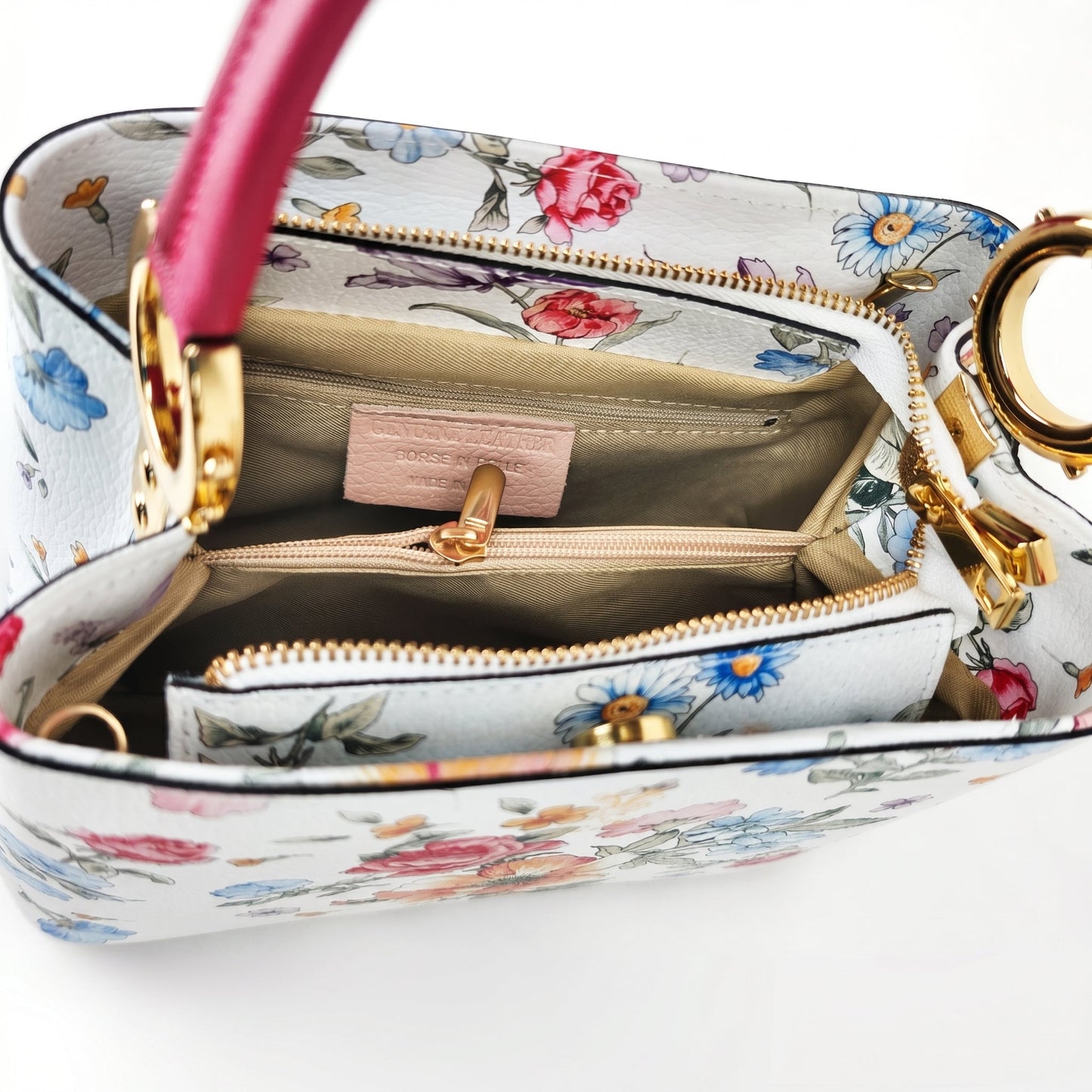 Borsa a Tracolla con Stampa Floreale in Vera Pelle Made in Italy