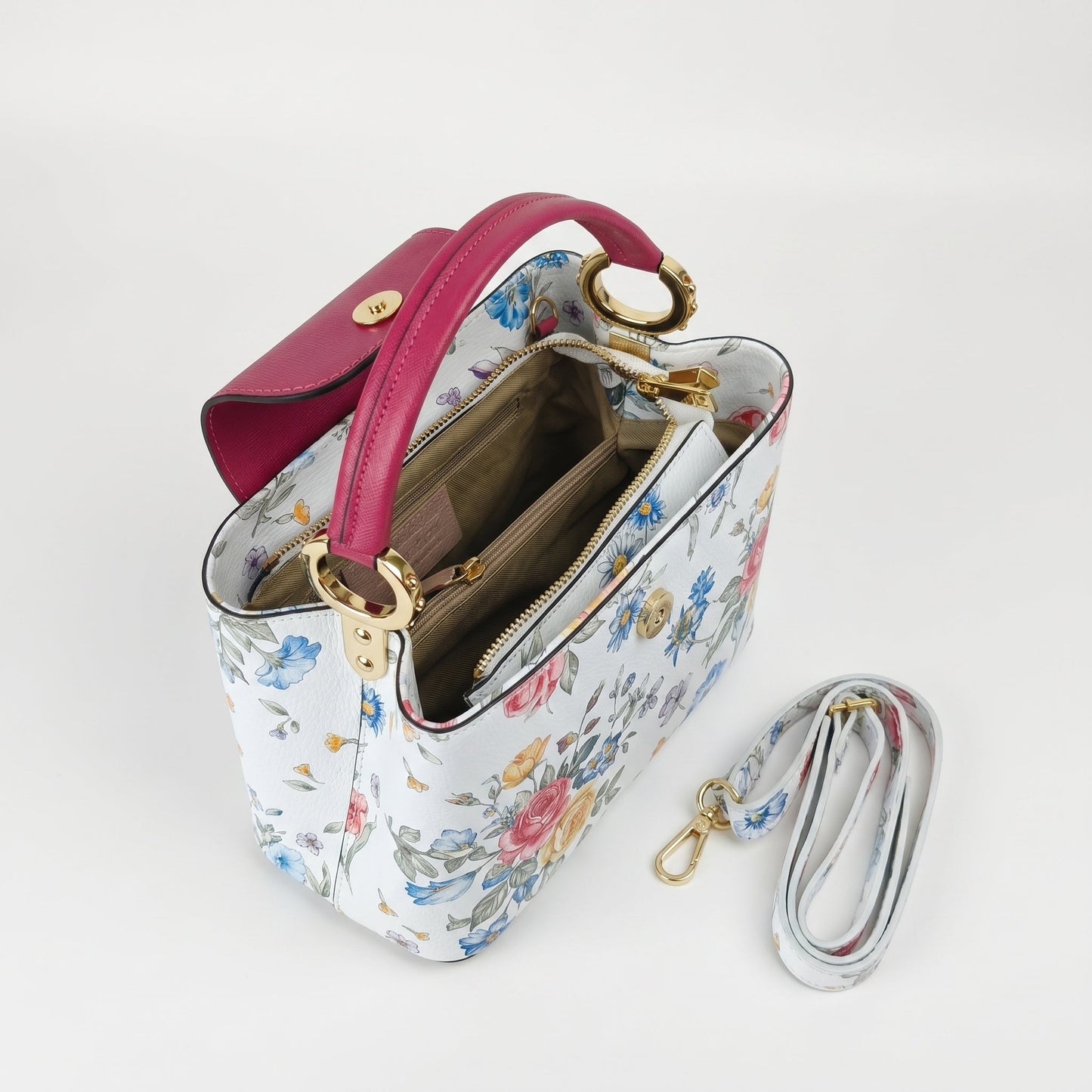 Borsa a Tracolla con Stampa Floreale in Vera Pelle Made in Italy