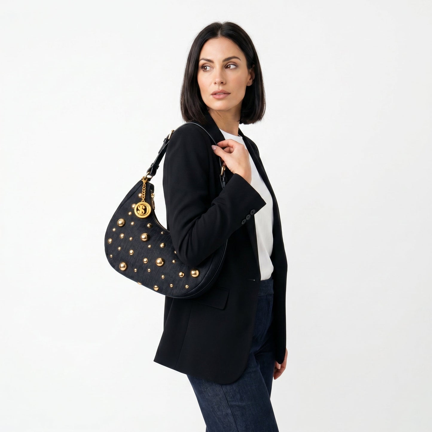 Borsa in Denim con Tracolla Rimovibile e Chiusura a Cerniera