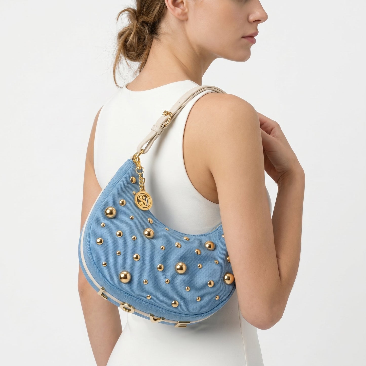 Borsa in Denim con Tracolla Rimovibile e Chiusura a Cerniera