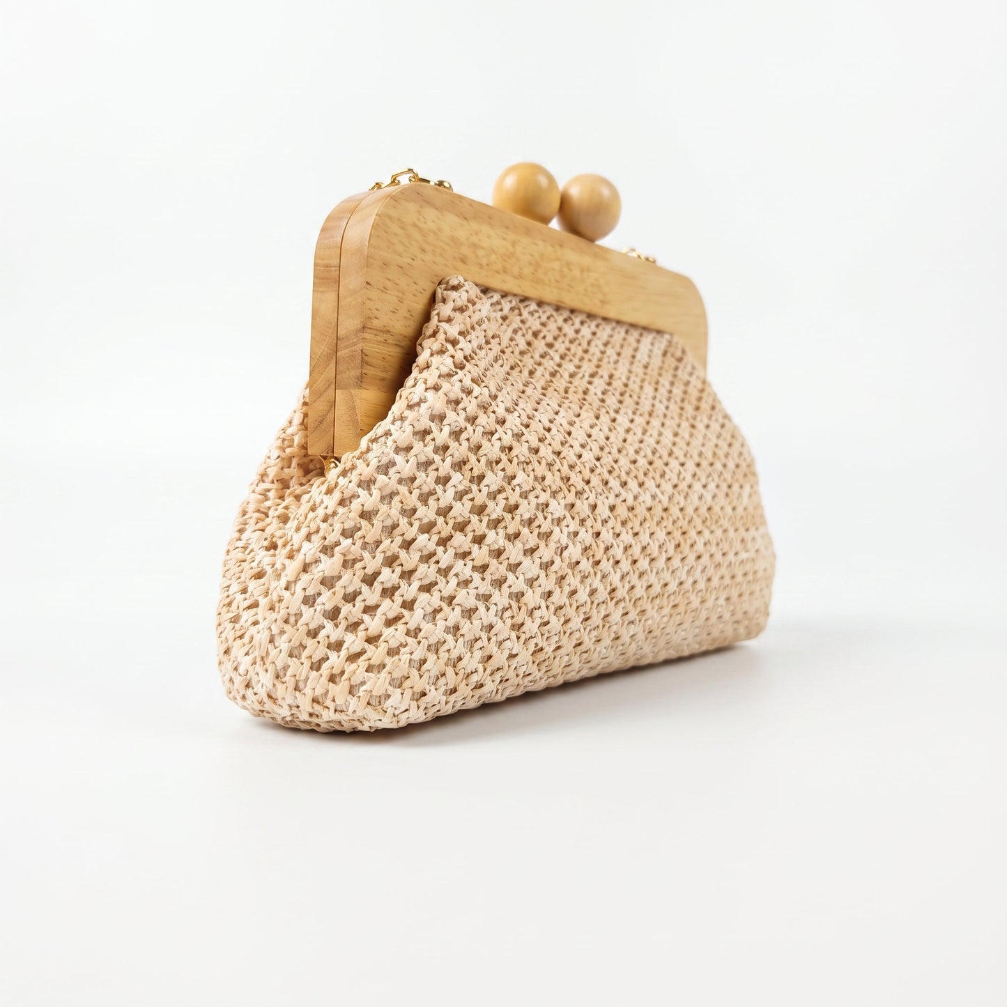 Borsa Caterina a Tracolla in Rafia con Cornice in Legno e Catena Dorata – Stile Donna