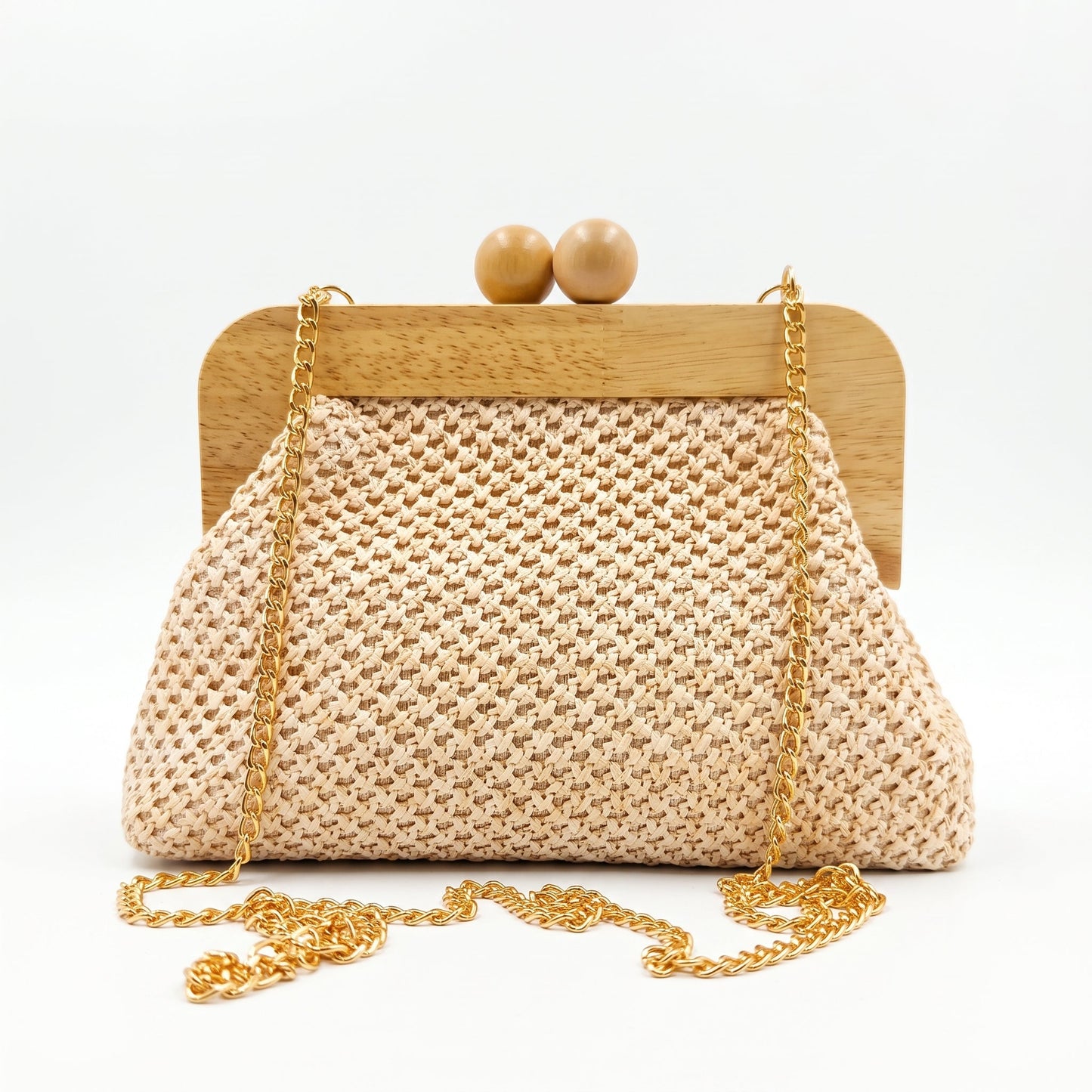 Borsa Caterina a Tracolla in Rafia con Cornice in Legno e Catena Dorata – Stile Donna