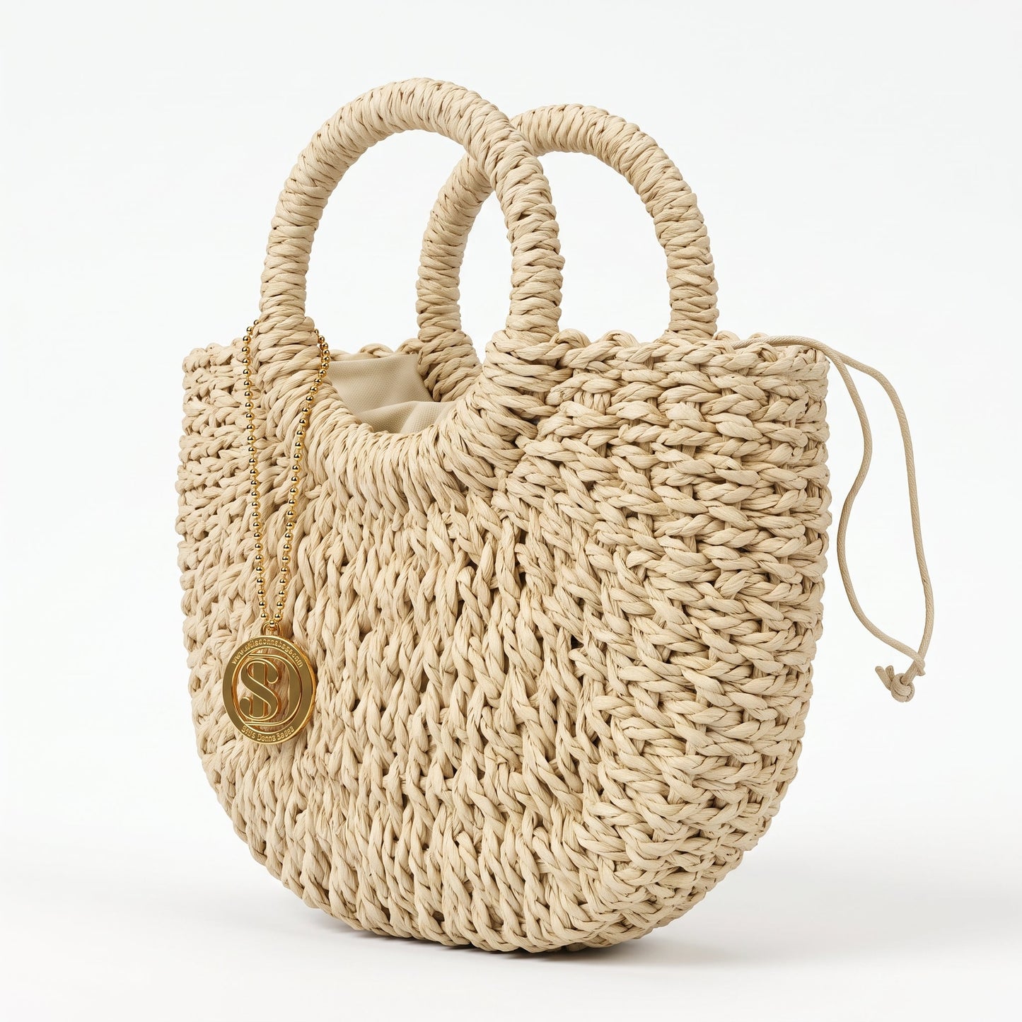 Borsa Alessia Semilunare in Rafia con Manici Circolari e Tracolla – Stile Donna