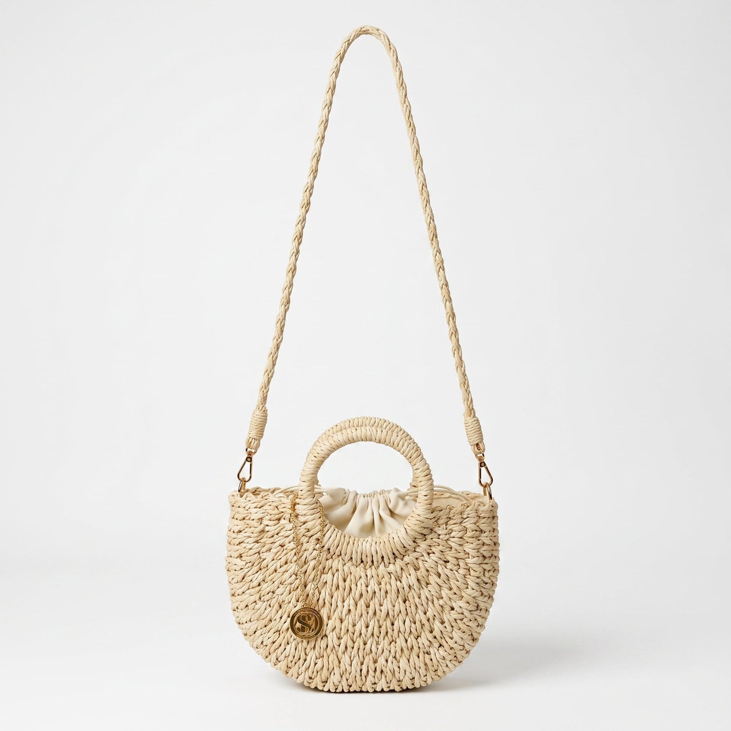 Borsa Alessia Semilunare in Rafia con Manici Circolari e Tracolla – Stile Donna