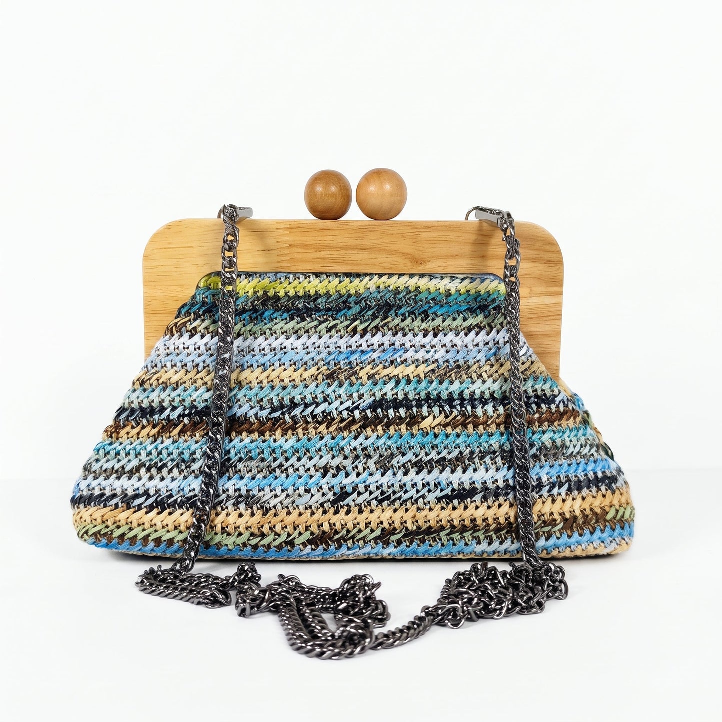 Borsa Caterina a Tracolla in Rafia con Cornice in Legno e Catena Dorata – Stile Donna