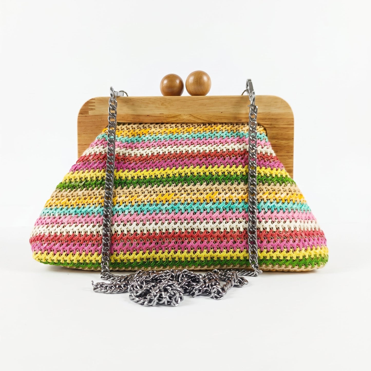 Borsa Caterina a Tracolla in Rafia con Cornice in Legno e Catena Dorata – Stile Donna