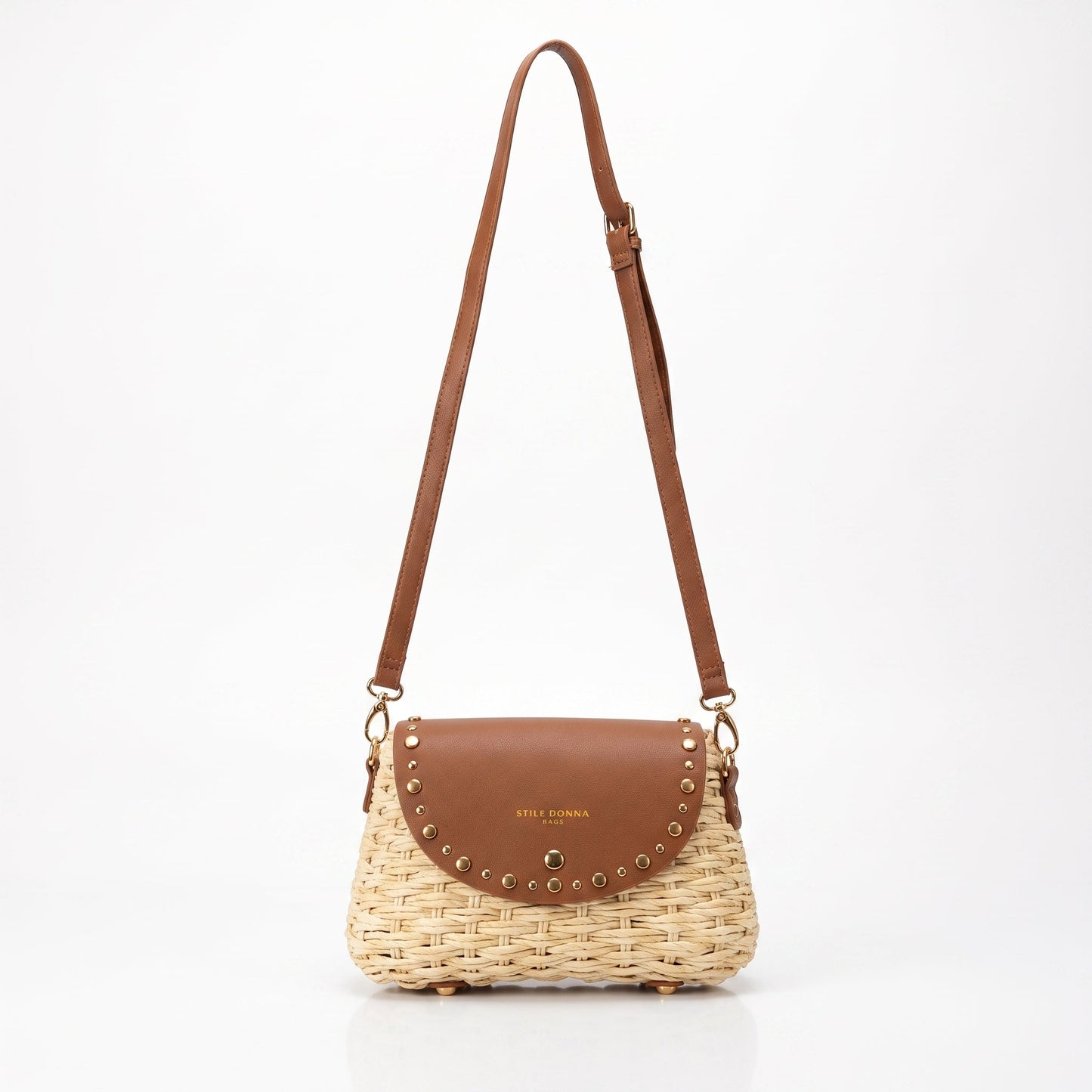 Borsa a Tracolla Stile Donna in Rafia con Patta in Ecopelle e Borchie Dorate