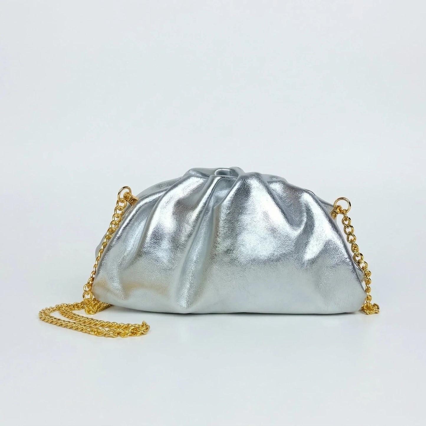 Metallic silver ruched clutch bag with gold chain MS-8799