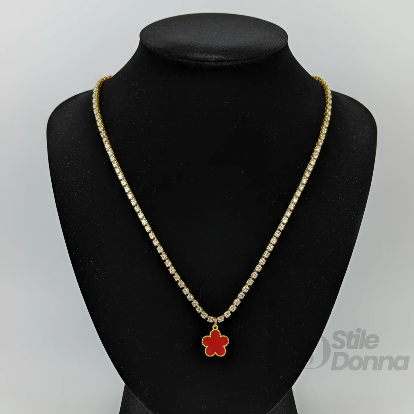Collana Tennis in Cristallo Oro con Ciondolo Quadrifoglio Rosso