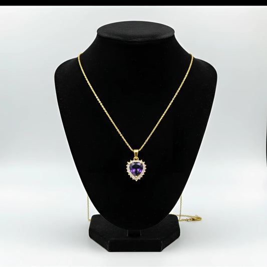 Collana con Aureola e Cuore Viola in Metallo Dorato