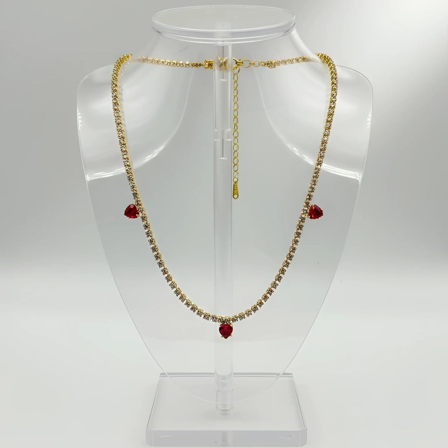 Collana in Cristallo Dorato con Ciondoli a Cuore Rosso