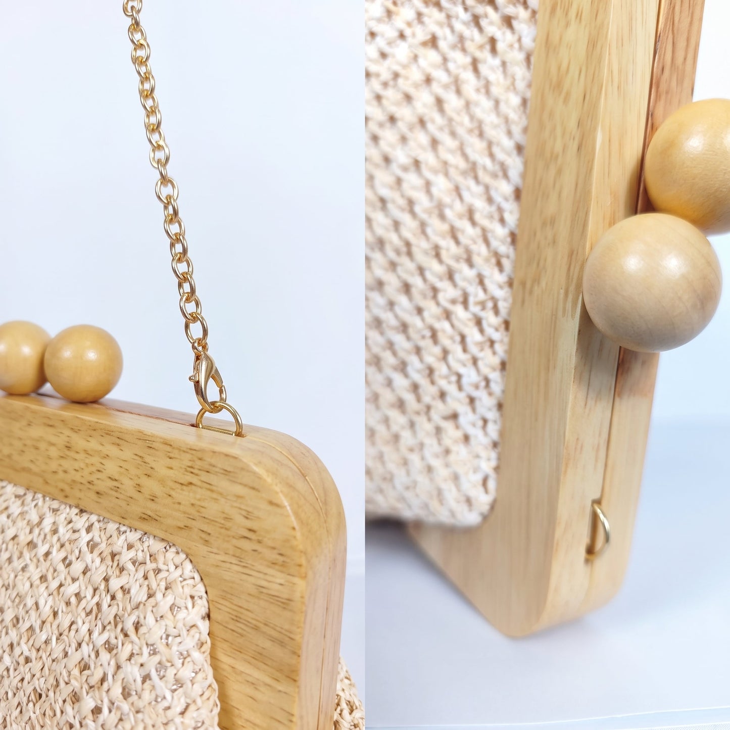 Borsa Caterina a Tracolla in Rafia con Cornice in Legno e Catena Dorata – Stile Donna