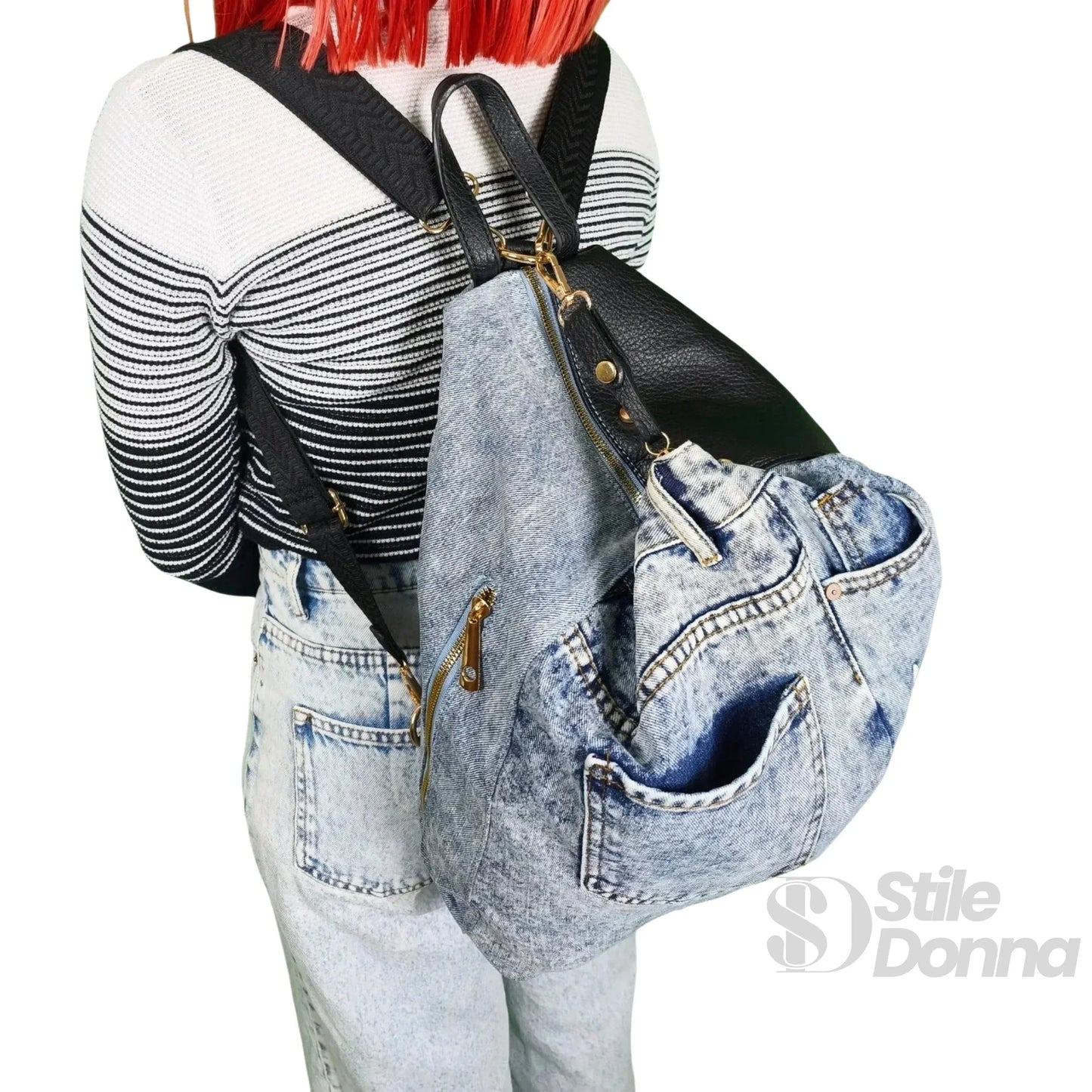 Dask Zaino in Denim con Stampa e Dettagli in Metallo Oro