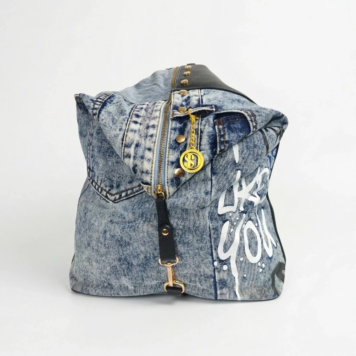 Dask Zaino in Denim con Stampa e Dettagli in Metallo Oro