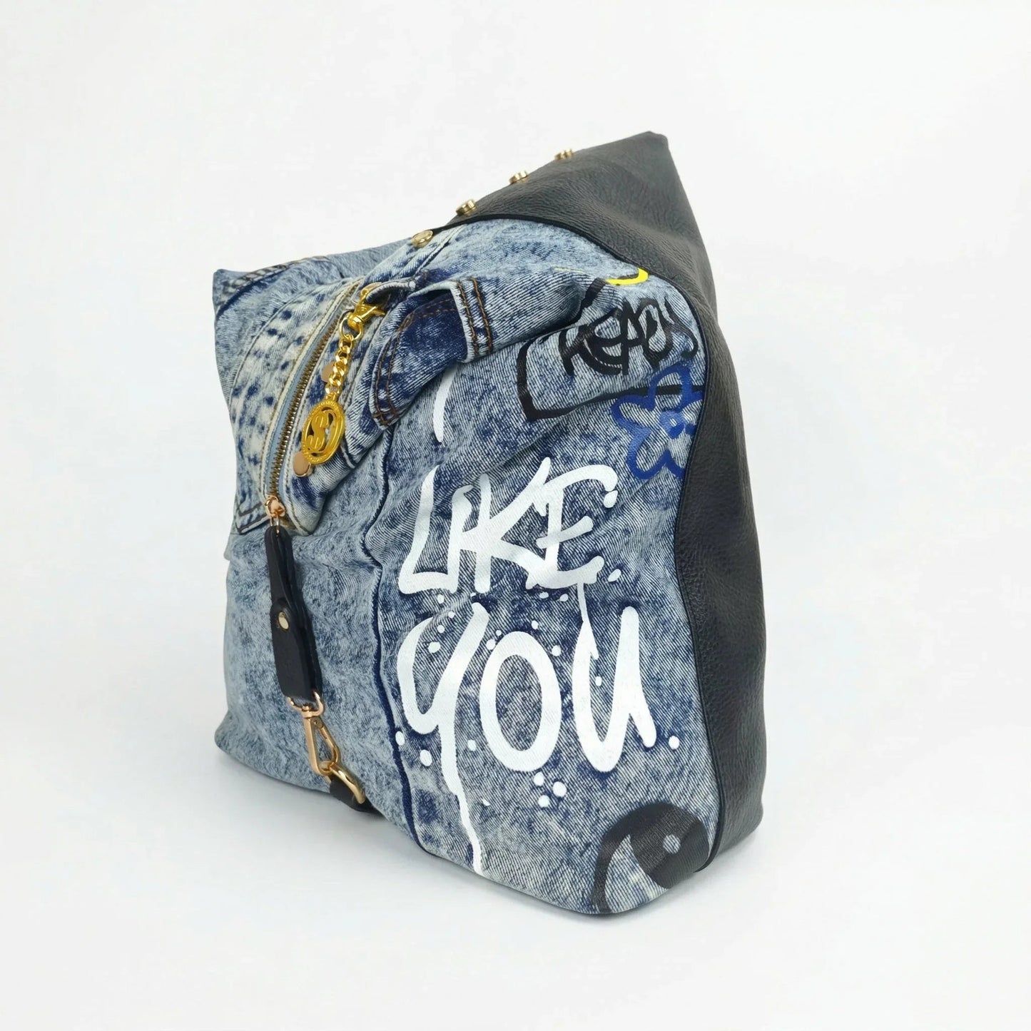 Dask Zaino in Denim con Stampa e Dettagli in Metallo Oro