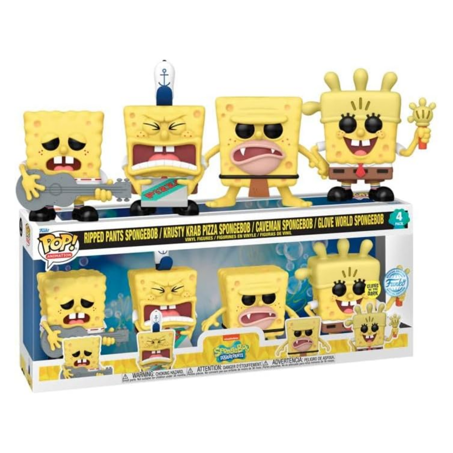 Funko Pop ! Ripped Pants / Krusty Krab Pizza / Caveman / Glove World Spongebob (4Pack Glow)