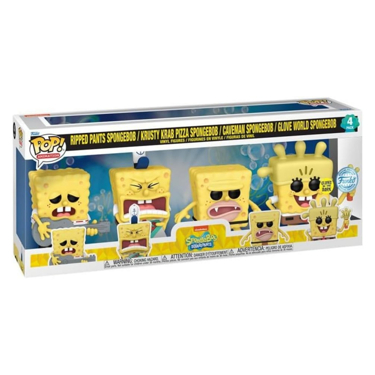 Funko Pop ! Ripped Pants / Krusty Krab Pizza / Caveman / Glove World Spongebob (4Pack Glow)
