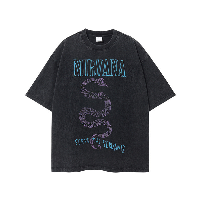 Retro Washed And Worn Printed Short-sleeved Men's T-shirt European And American