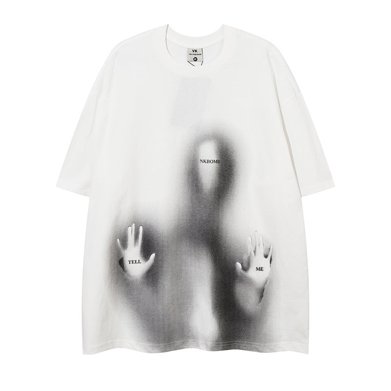 Depressed Fuzzy Printed Short Sleeve Loose