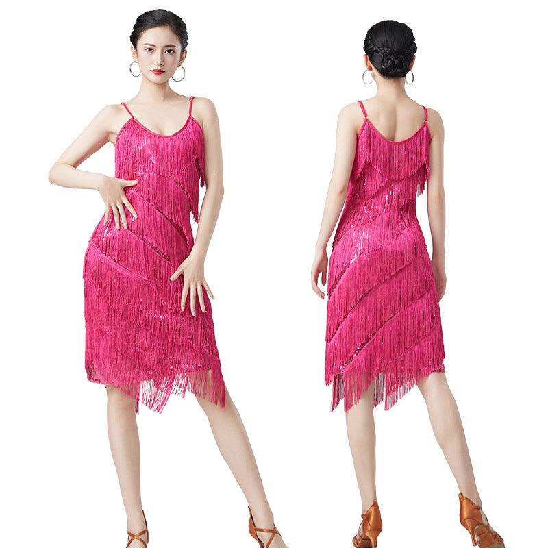Latin Dance Sequins Tassel Dress Suit