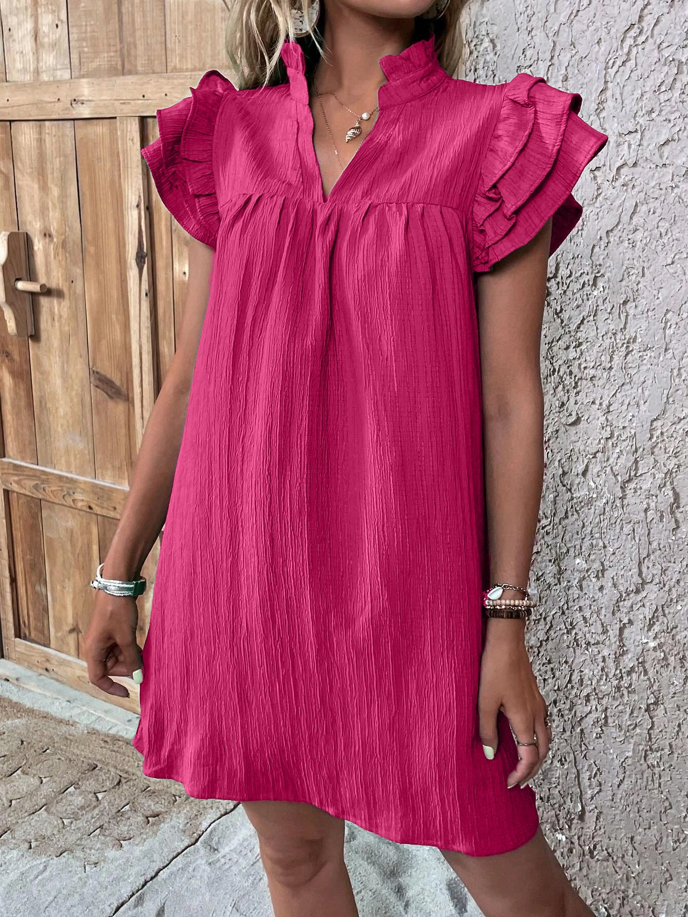 Women's Fashion Multi-layer Ruffle Sleeve V-neck Dress