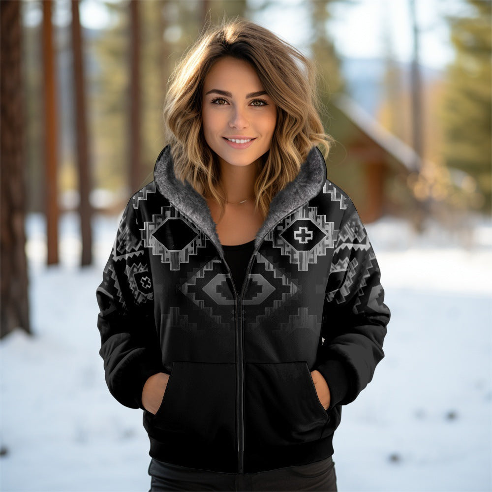 3D Women's Hooded Zipped Cotton-padded Jacket