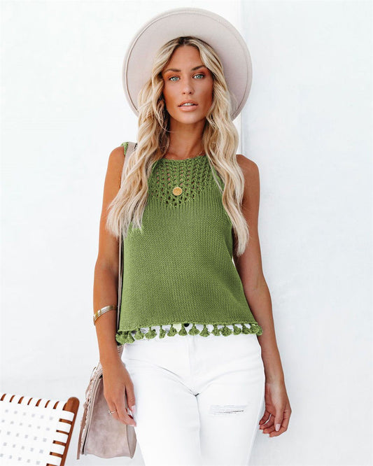 Round Neck Fashion Hollow Handmade Tassel Women's Vest