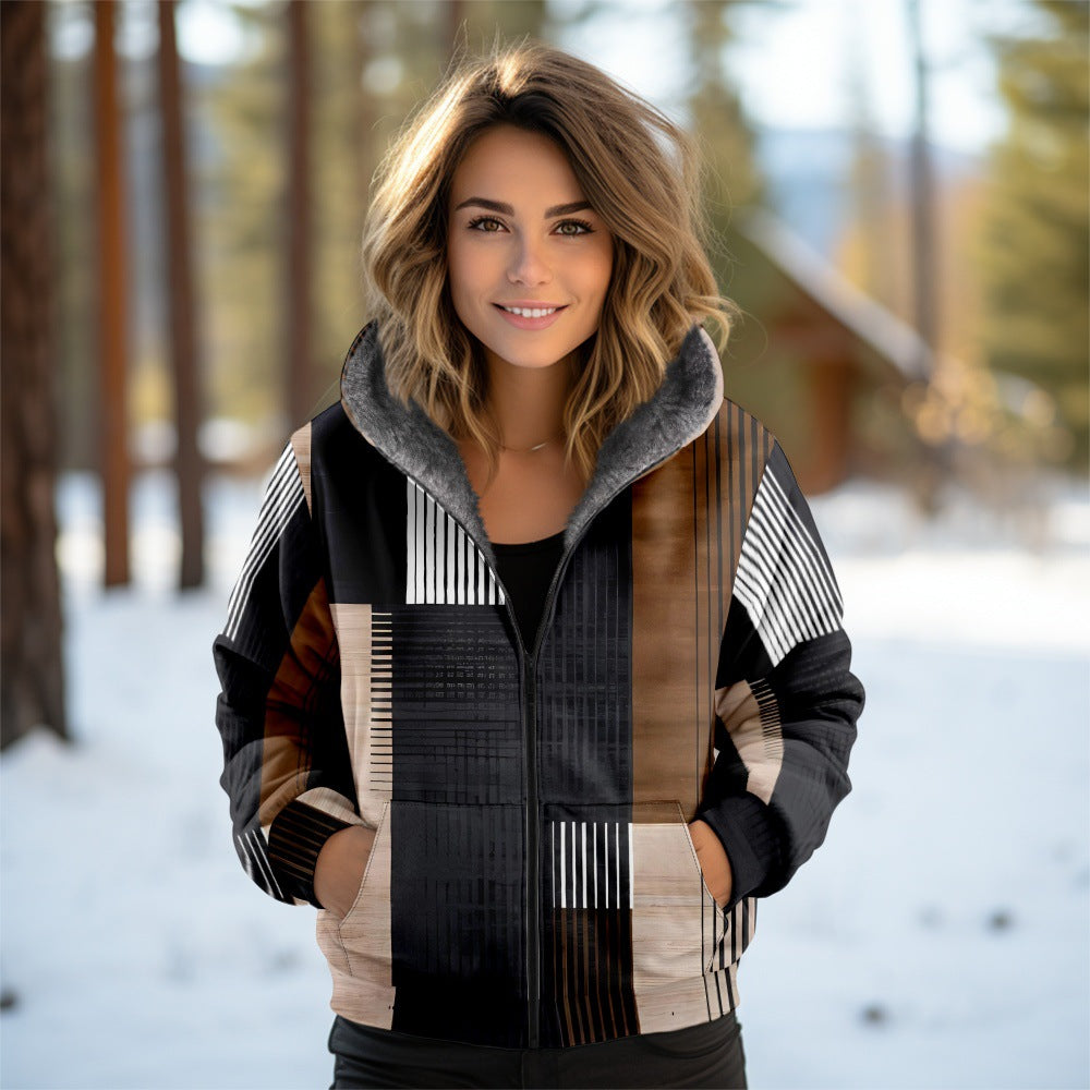 3D Women's Hooded Zipped Cotton-padded Jacket