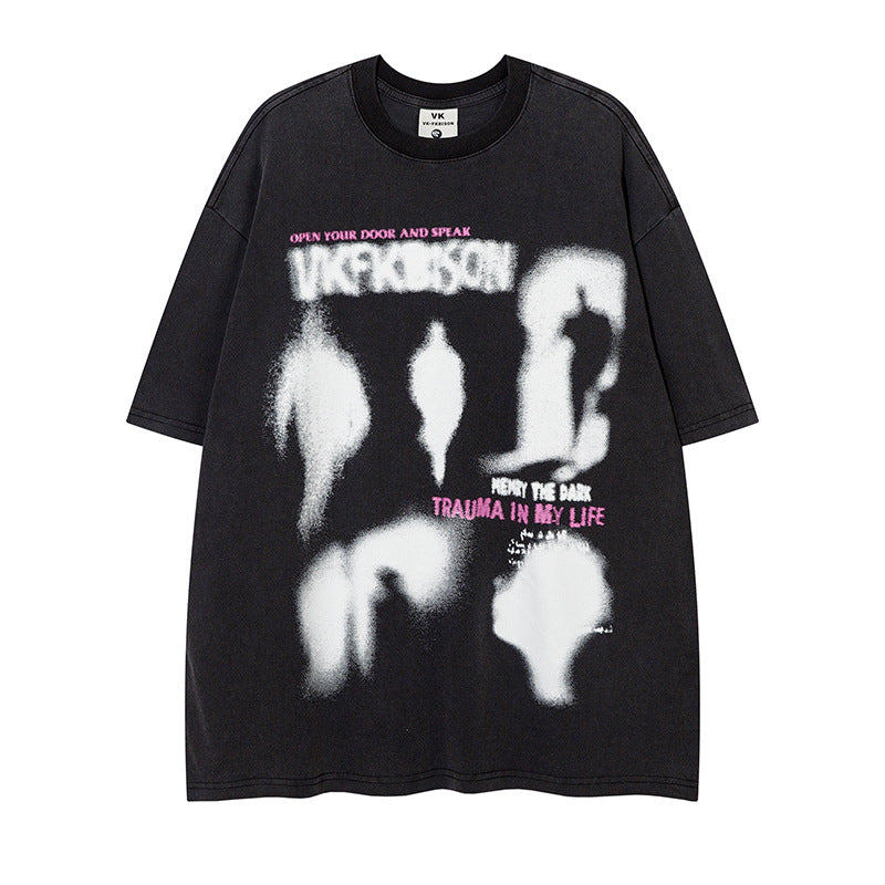 Dark High Street Fuzzy Abstract Printing T-shirt