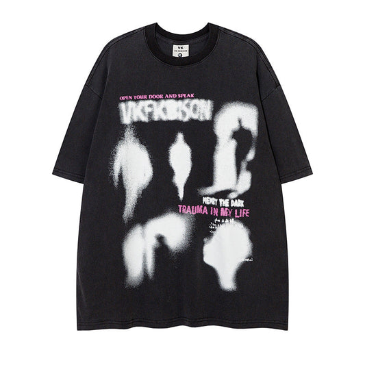 Dark High Street Fuzzy Abstract Printing T-shirt