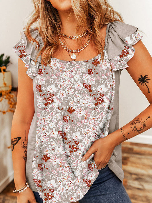 Square Collar Fashion Floral Flounce Sleeveless Top