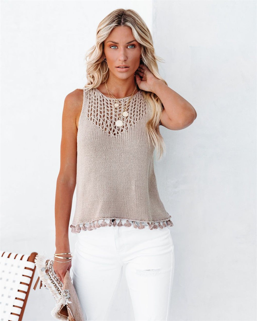 Round Neck Fashion Hollow Handmade Tassel Women's Vest