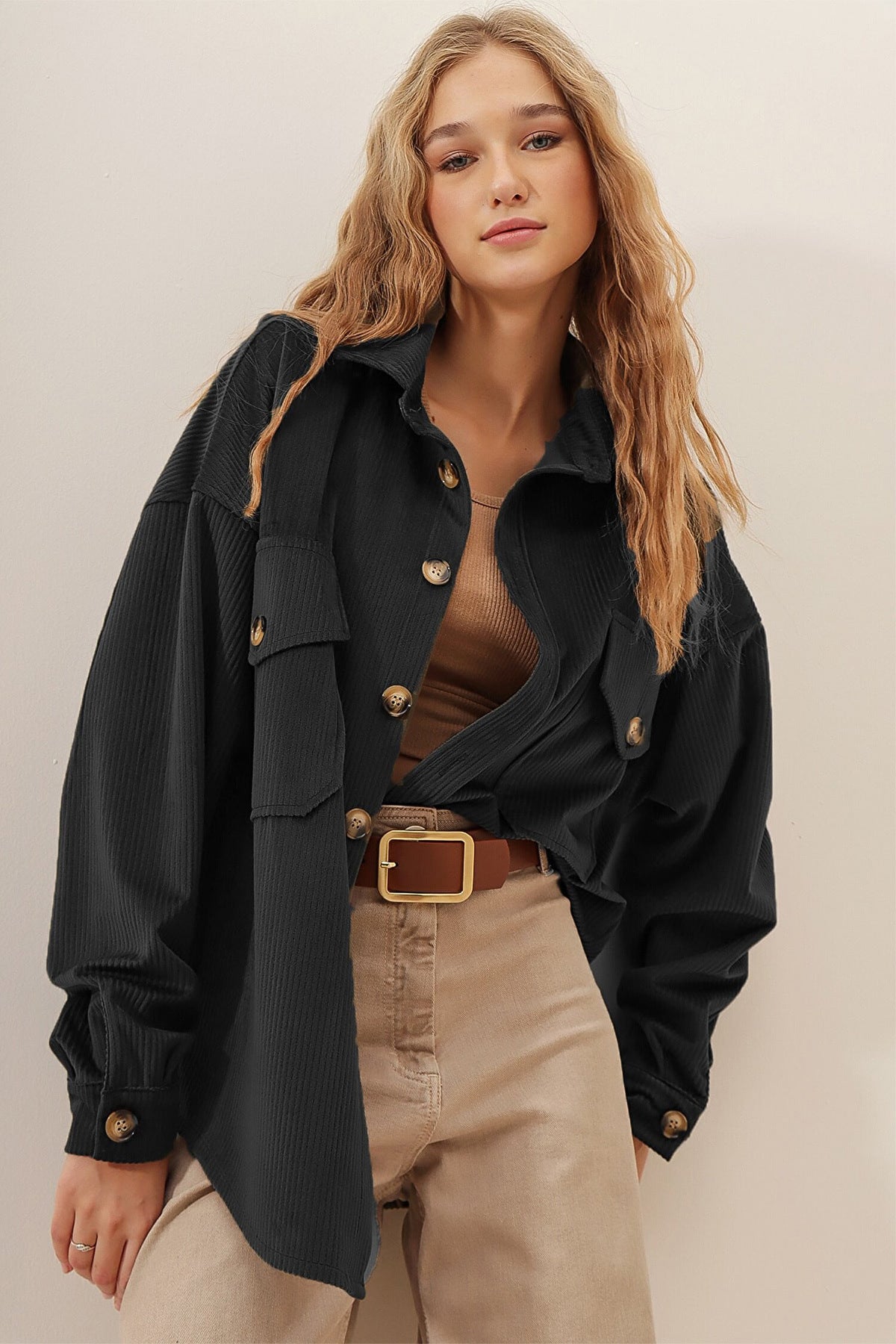 Women's Corduroy Pocket Long Sleeve Coat