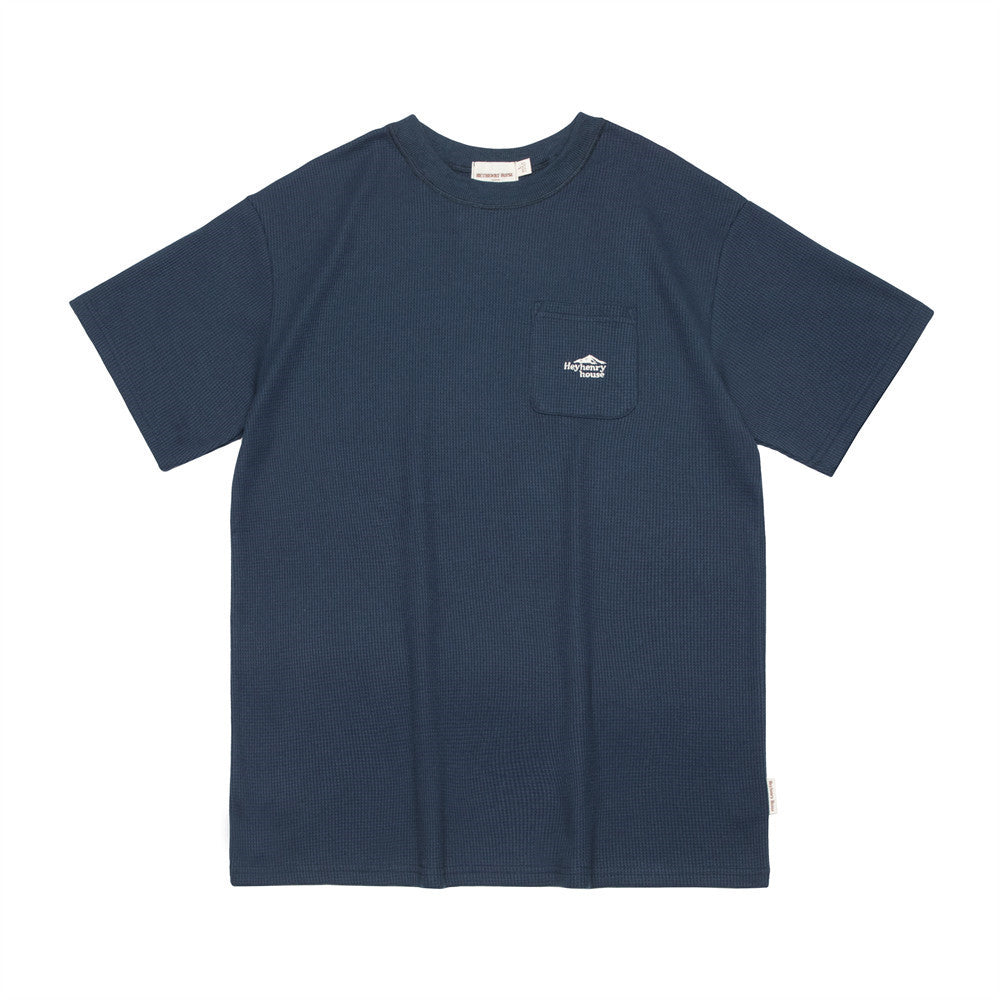 Solid Color Waffle Round Neck Embroidered Short Sleeve