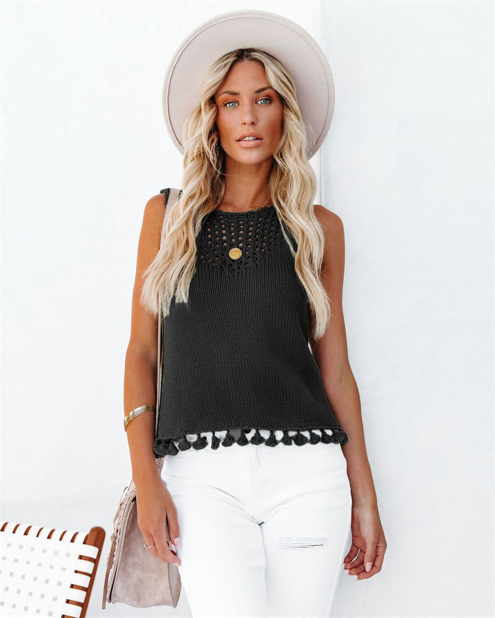 Round Neck Fashion Hollow Handmade Tassel Women's Vest