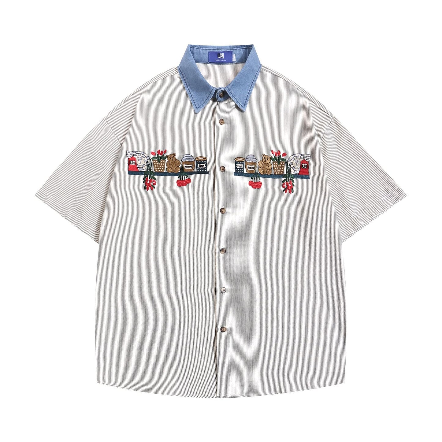 Pinstripe Cartoon Bear Embroidery Short Sleeve Loose Shirt