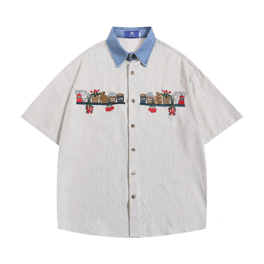 Pinstripe Cartoon Bear Embroidery Short Sleeve Loose Shirt