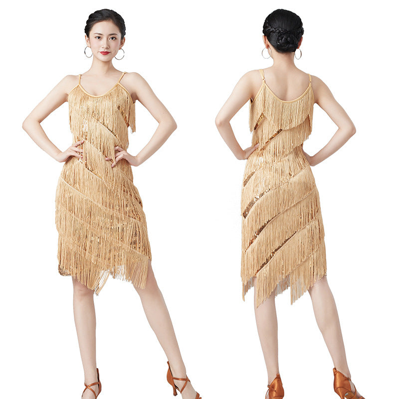 Latin Dance Sequins Tassel Dress Suit