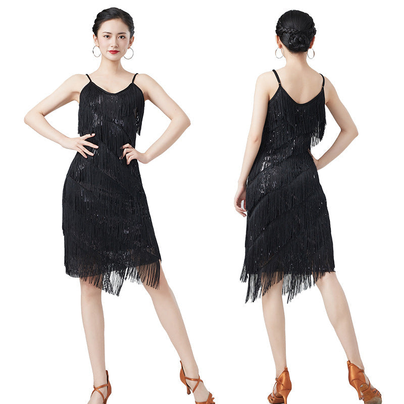 Latin Dance Sequins Tassel Dress Suit