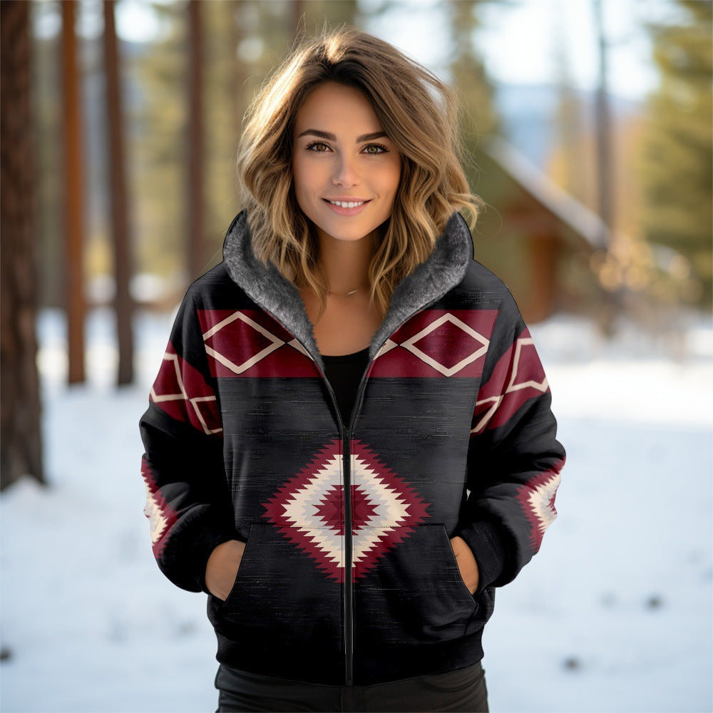 3D Women's Hooded Zipped Cotton-padded Jacket