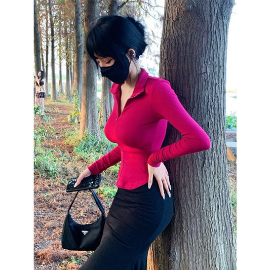 Women's Fashion Slim Stretch Stand-up Collar Cinched Top