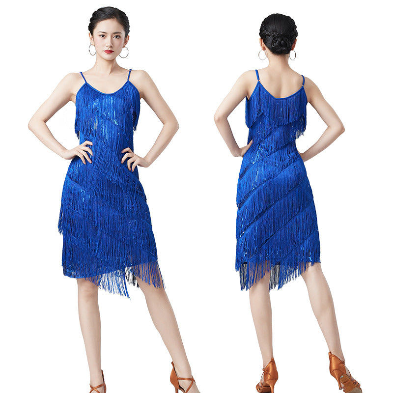 Latin Dance Sequins Tassel Dress Suit